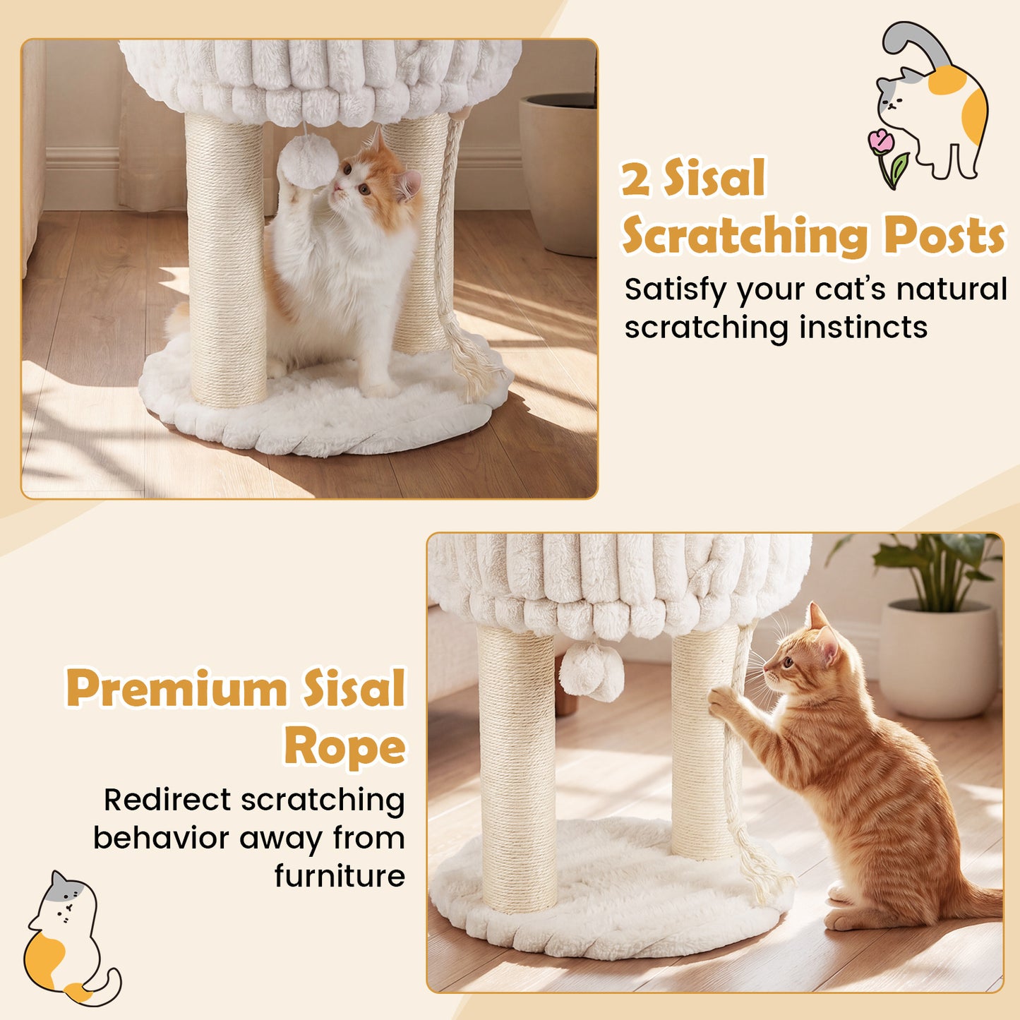 Costway Kattenboom Pluche Krabpaal met Ligplatform & Sisalstammen Klimtoren voor Katten Compacte Kattenkrabpaal 40 x 40 x 50,5 cm Beige