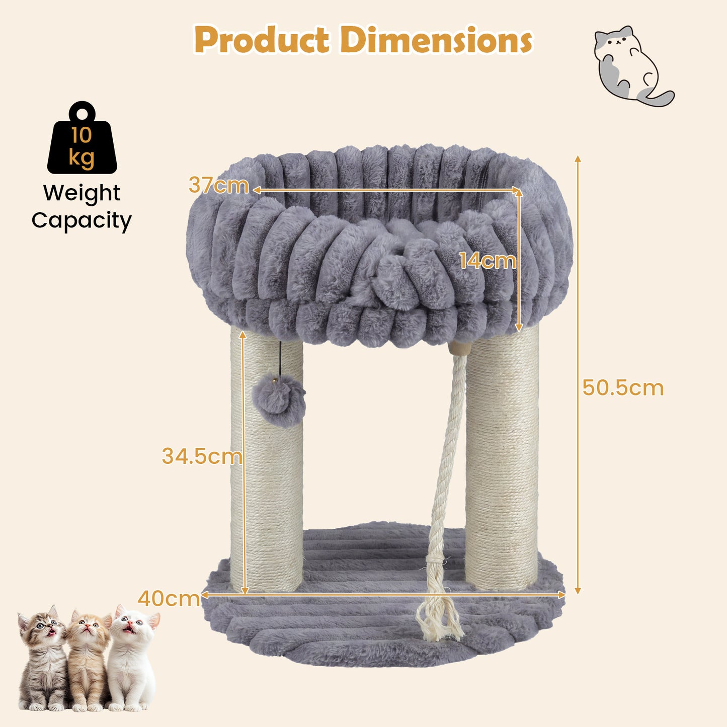 Costway Kattenboom Pluche Krabpaal met Ligplatform & Sisalstammen Klimtoren voor Katten Compacte Kattenkrabpaal 40 x 40 x 50,5 cm Grijs
