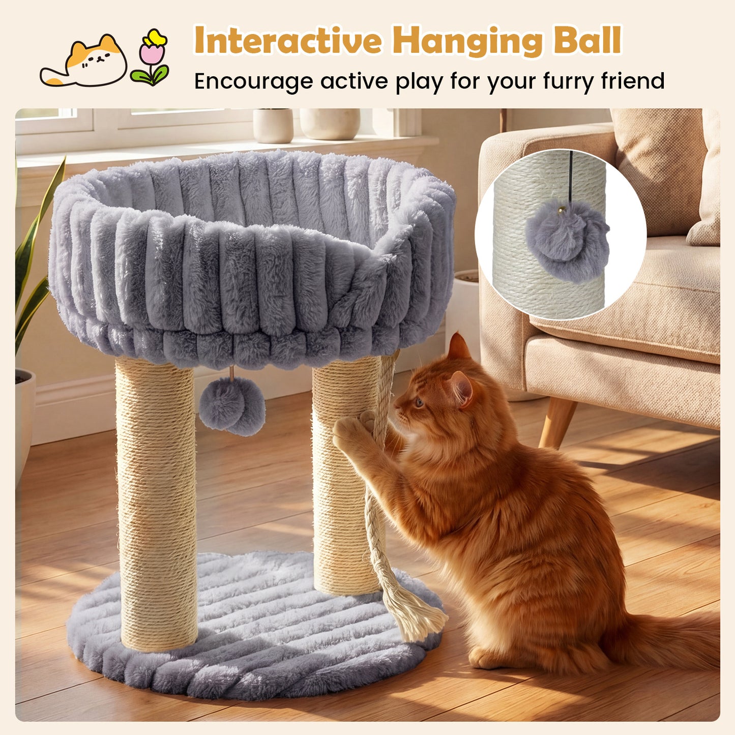 Costway Kattenboom Pluche Krabpaal met Ligplatform & Sisalstammen Klimtoren voor Katten Compacte Kattenkrabpaal 40 x 40 x 50,5 cm Grijs