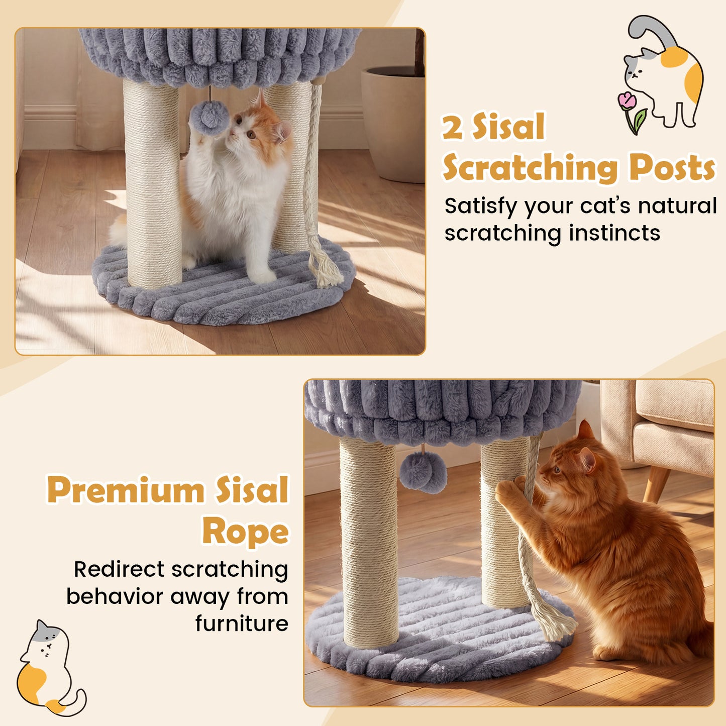 Costway Kattenboom Pluche Krabpaal met Ligplatform & Sisalstammen Klimtoren voor Katten Compacte Kattenkrabpaal 40 x 40 x 50,5 cm Grijs