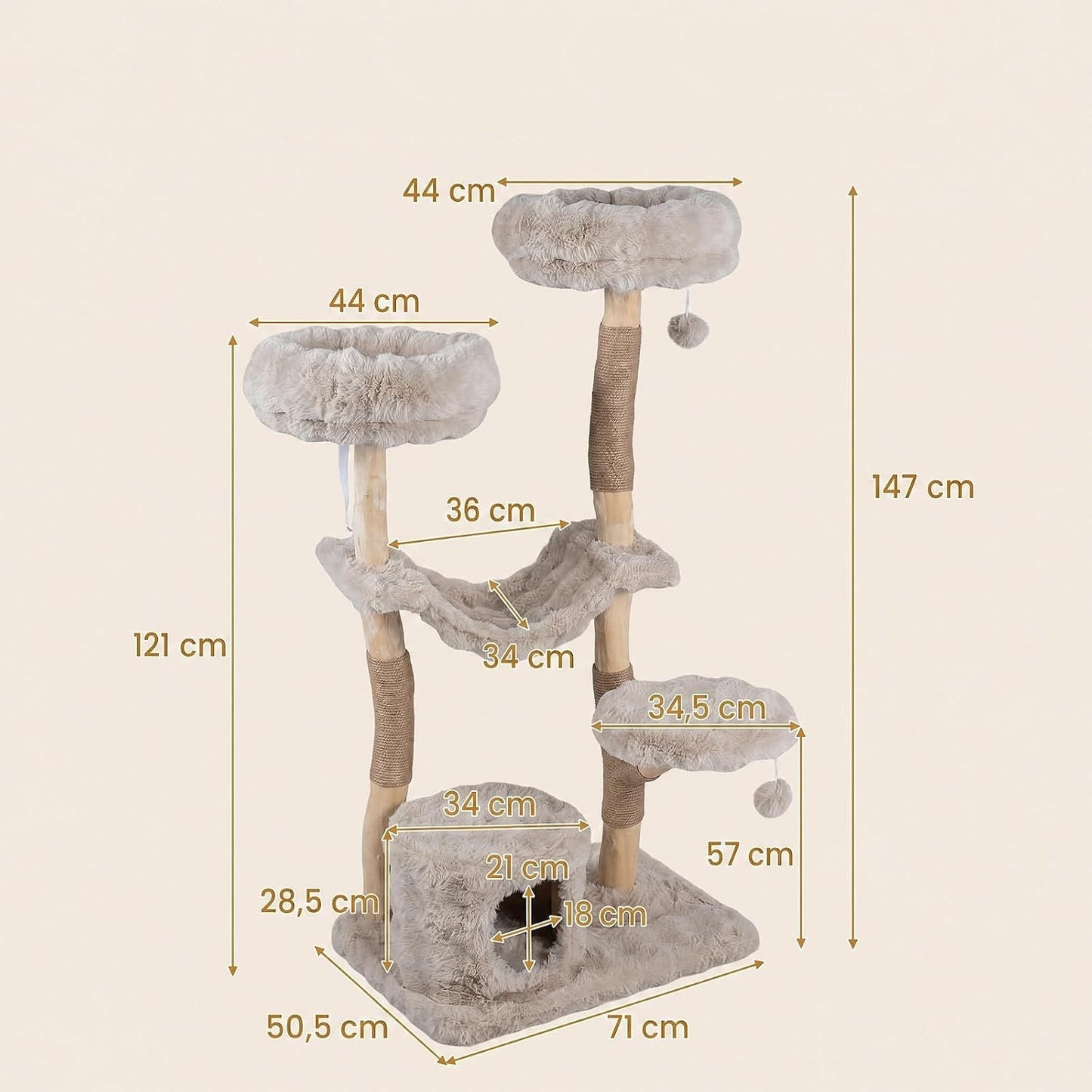 Costway Kattenkrabpaal met Grot Hangmat Pluche met Krabpilaren Meerlaagse Kattentoren met 2 Pluche Ballen voor Katten