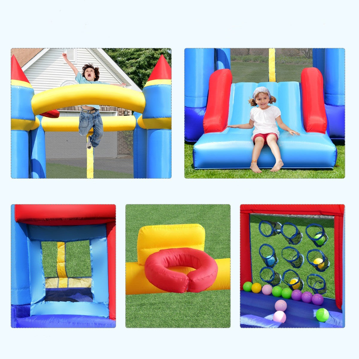 Costway Kids Opblaasbaar Springkasteel met Glijbaan Kinder Springkussen 270 x 240 x 196 cm Blauw + Geel + Rood