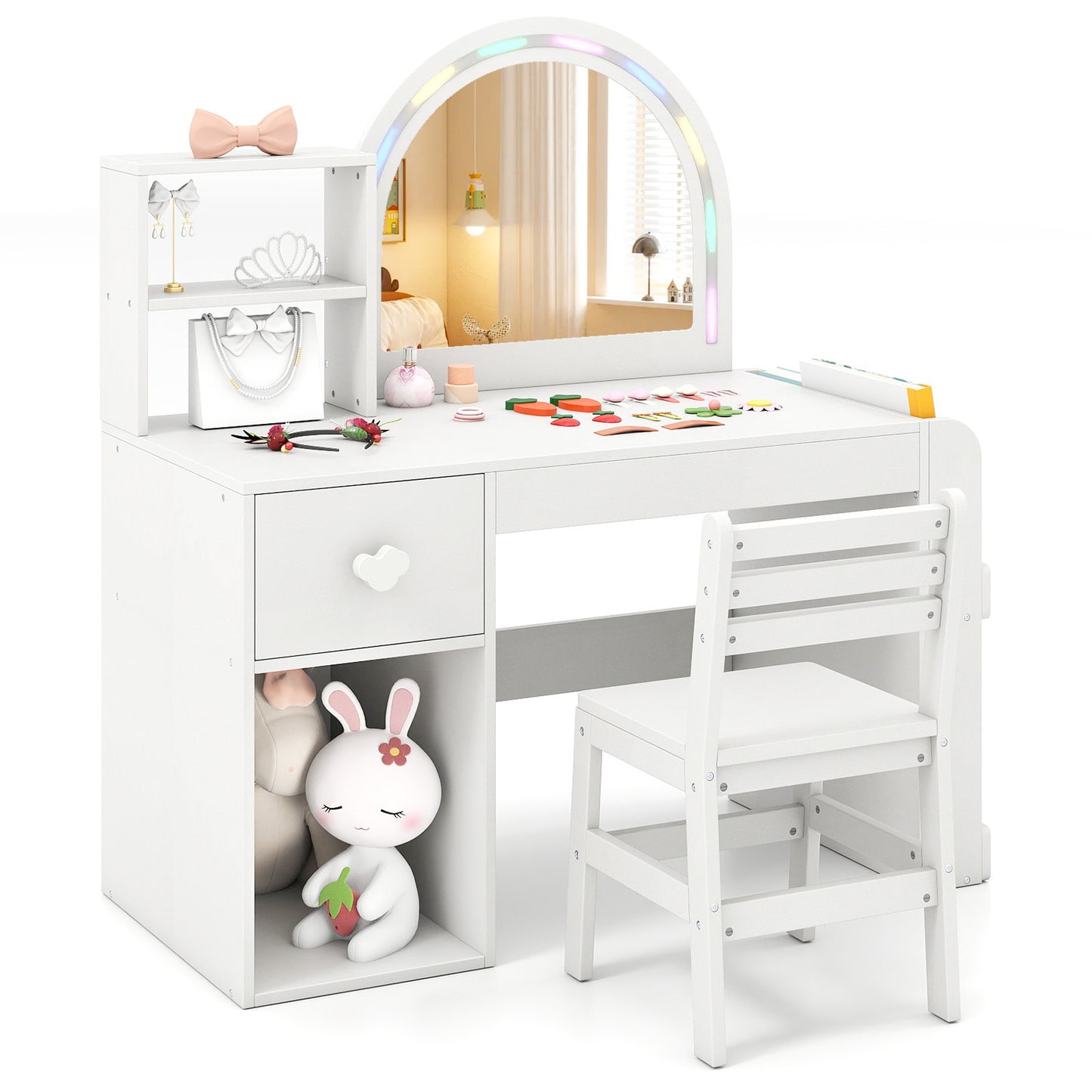 Costway Kinder Make-up tafel met Verlichting Prinses Kinder Make-up Tafel Kaptafel met Open Boekenplank & Opberglade