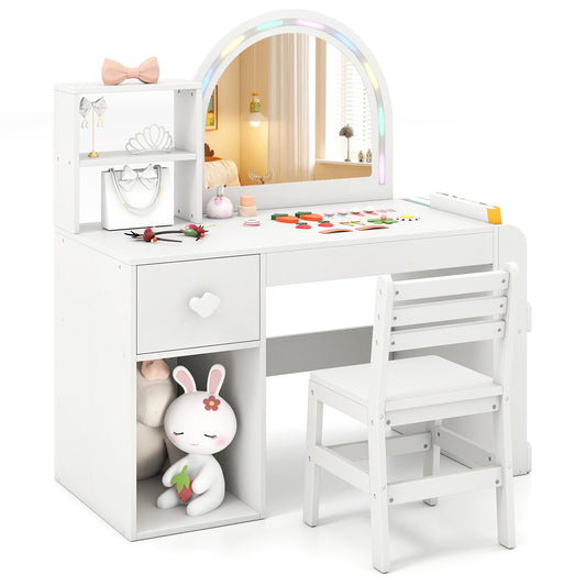 Costway Kinder Make-up tafel met Verlichting Prinses Kinder Make-up Tafel Kaptafel met Open Boekenplank & Opberglade