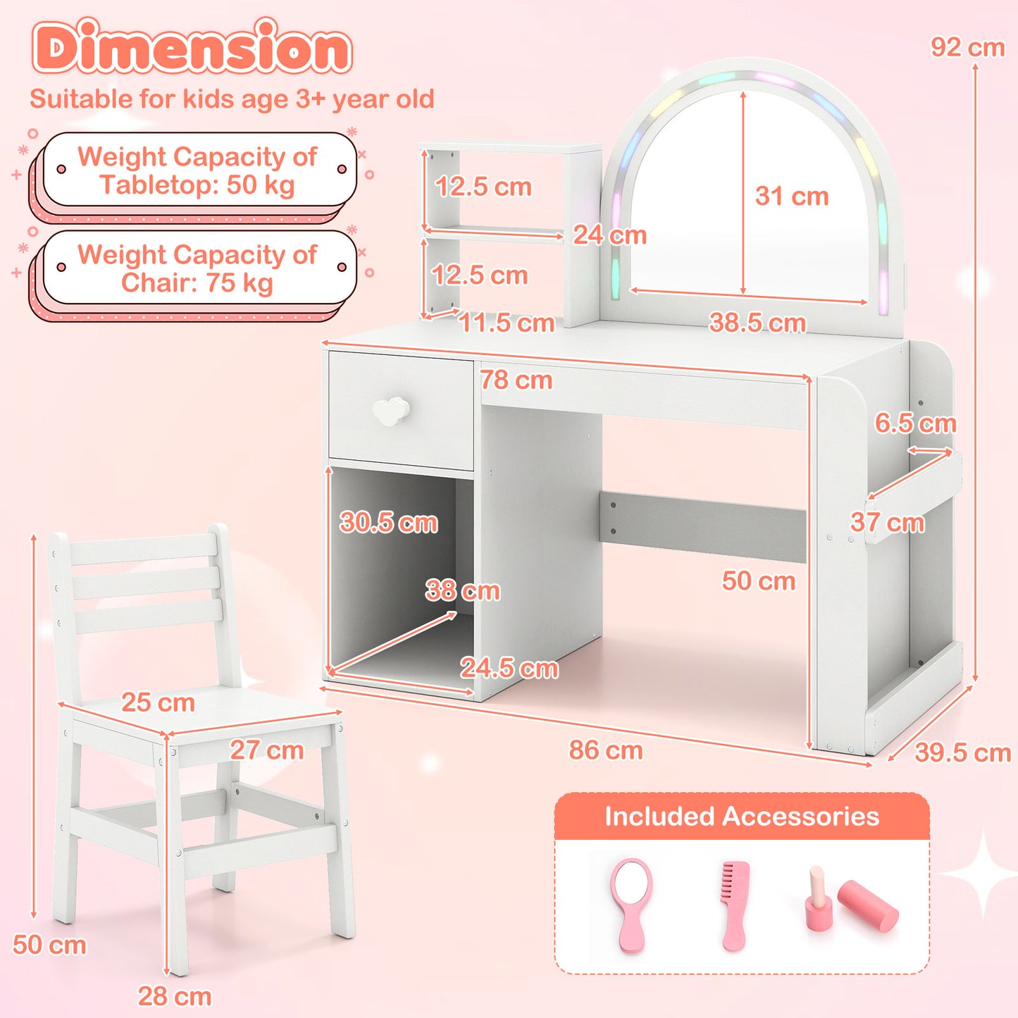 Costway Kinder Make-up tafel met Verlichting Prinses Kinder Make-up Tafel Kaptafel met Open Boekenplank & Opberglade