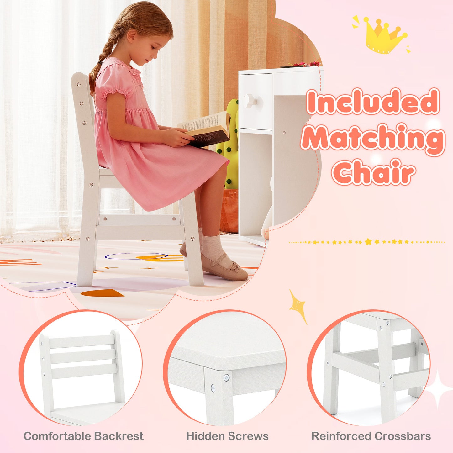 Costway Kinder Make-up tafel met Verlichting Prinses Kinder Make-up Tafel Kaptafel met Open Boekenplank & Opberglade