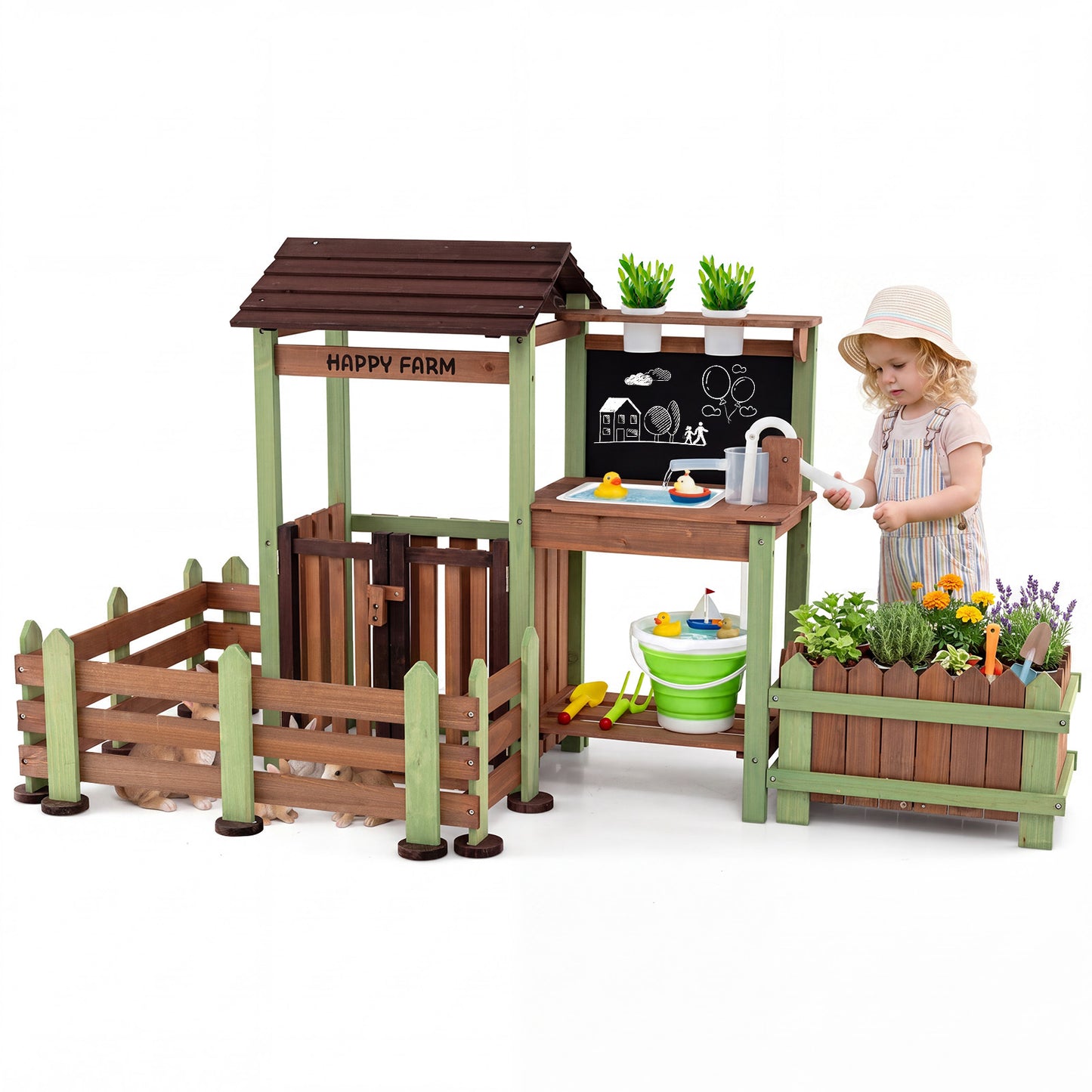 Costway Kinder Matschküche Houten Tuin Speelkeuken met Plantenbak & 2 Bloempotten Boerderij Speelset