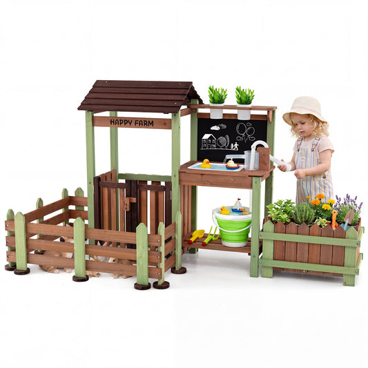 Costway Kinder Matschküche Houten Tuin Speelkeuken met Plantenbak & 2 Bloempotten Boerderij Speelset