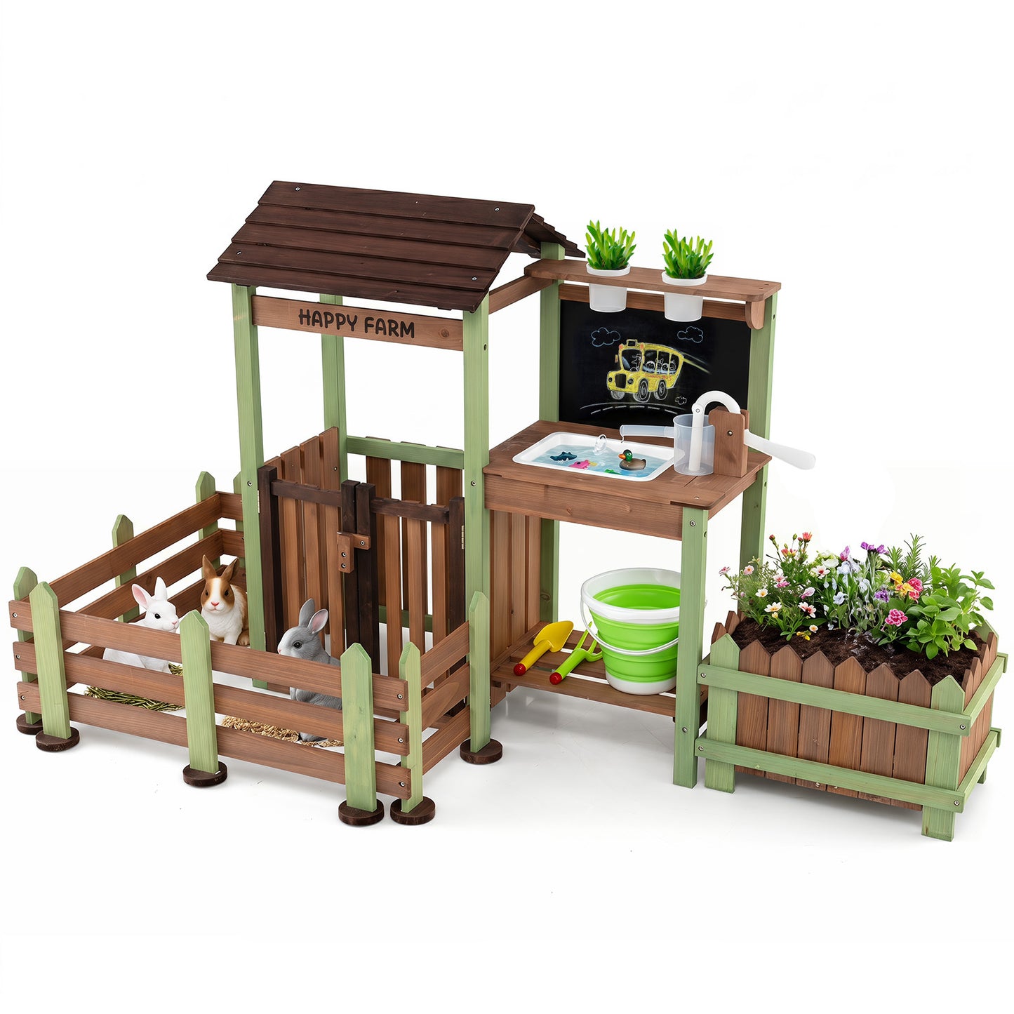 Costway Kinder Matschküche Houten Tuin Speelkeuken met Plantenbak & 2 Bloempotten Boerderij Speelset