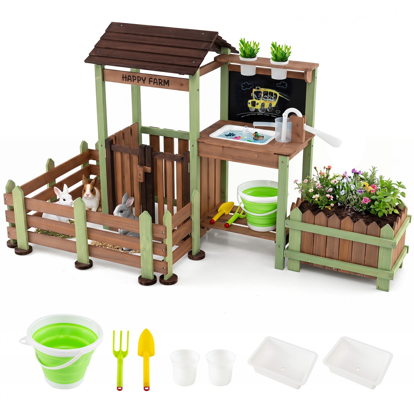 Costway Kinder Matschküche Houten Tuin Speelkeuken met Plantenbak & 2 Bloempotten Boerderij Speelset
