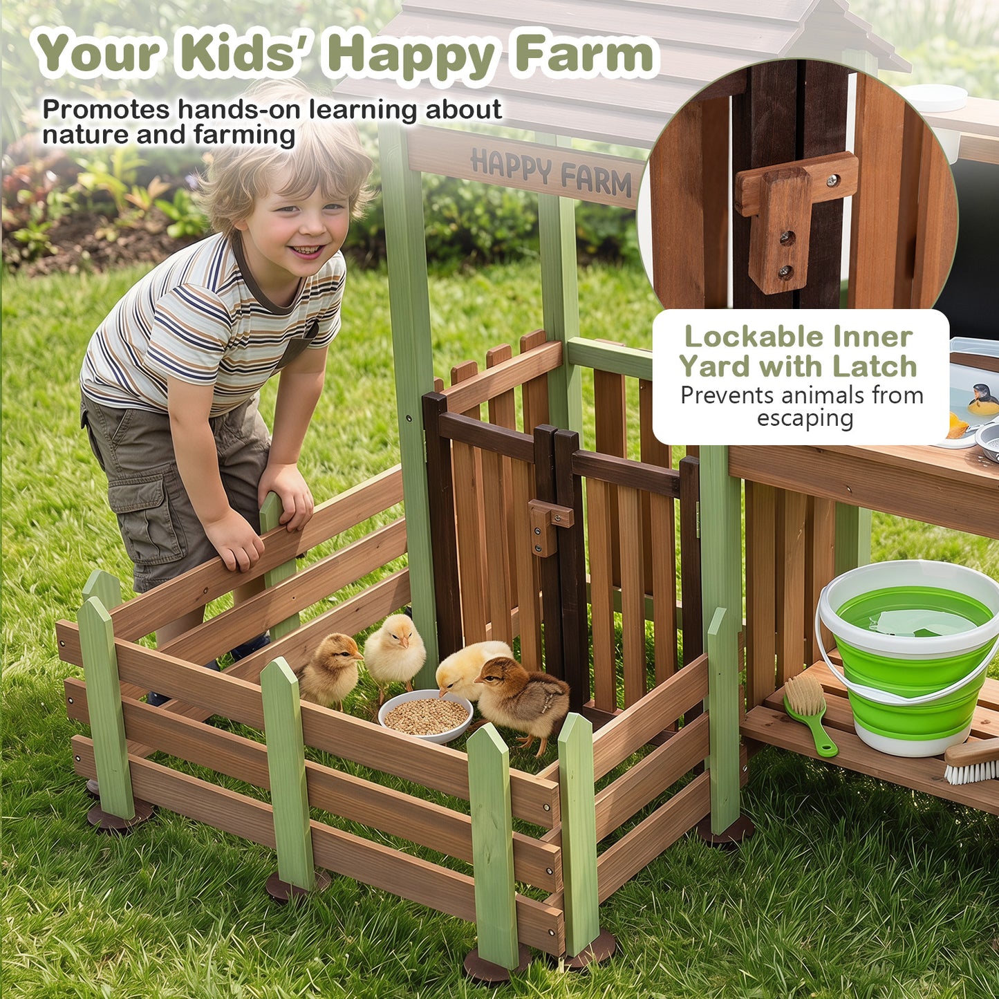 Costway Kinder Matschküche Houten Tuin Speelkeuken met Plantenbak & 2 Bloempotten Boerderij Speelset