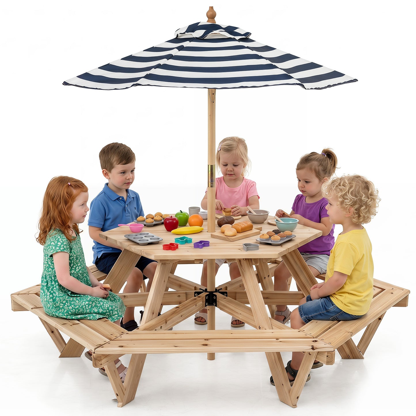 Costway Kinder Picknicktafel Zeshoekig Kinderzitgroep met Afneembare Parasol Kinderzitmeubilair met Banken Buiten