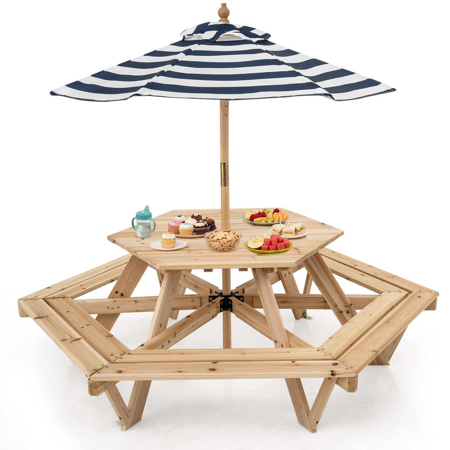 Costway Kinder Picknicktafel Zeshoekig Kinderzitgroep met Afneembare Parasol Kinderzitmeubilair met Banken Buiten