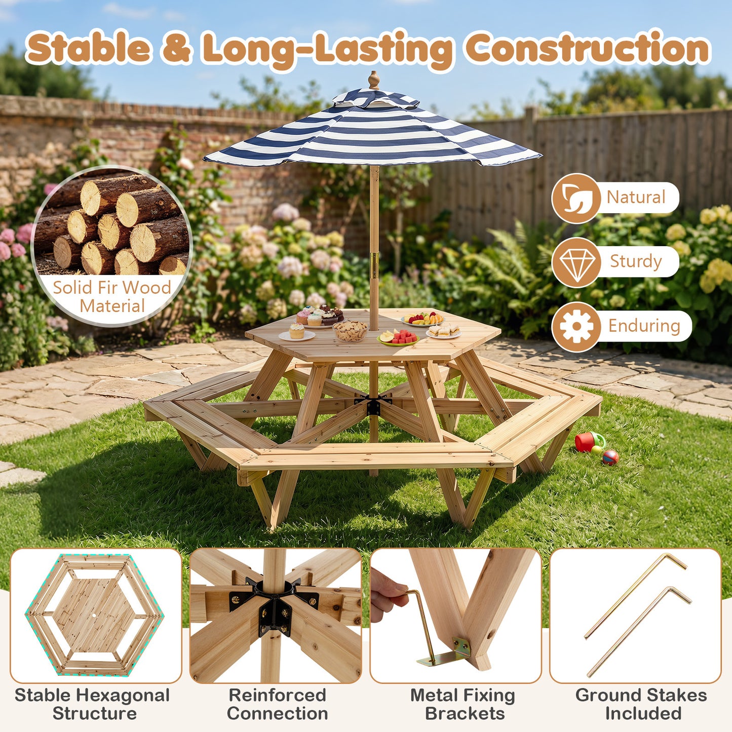Costway Kinder Picknicktafel Zeshoekig Kinderzitgroep met Afneembare Parasol Kinderzitmeubilair met Banken Buiten