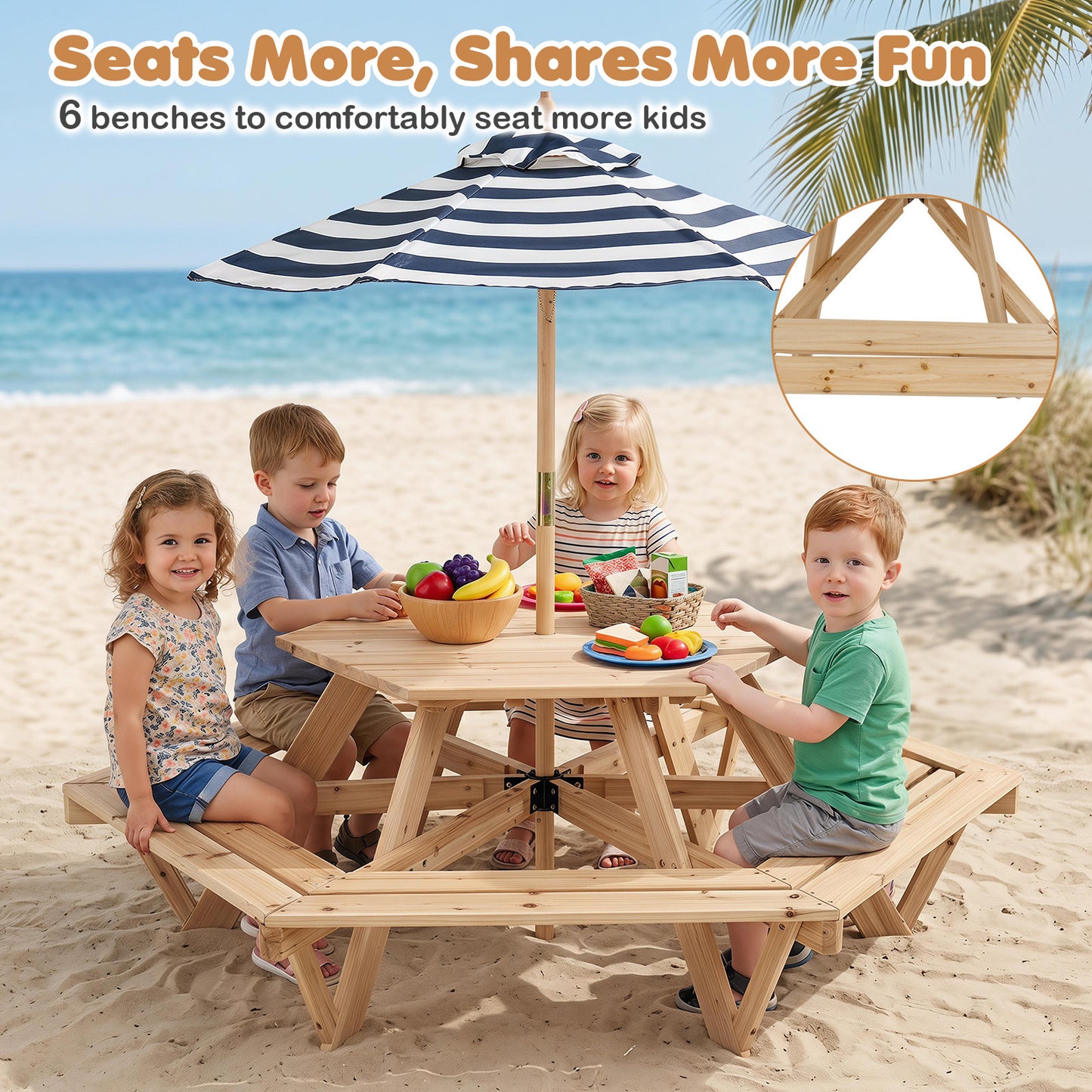 Costway Kinder Picknicktafel Zeshoekig Kinderzitgroep met Afneembare Parasol Kinderzitmeubilair met Banken Buiten