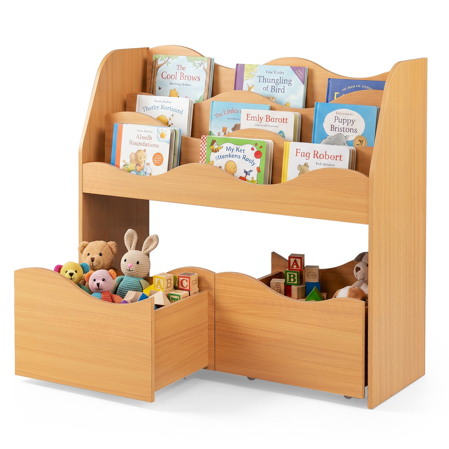 Costway Kinder Speelgoedkast met 3 Golvende Niveaus Kinderboekenrek Speelgoedkast voor Kinderkamer & Speelkamer Naturel
