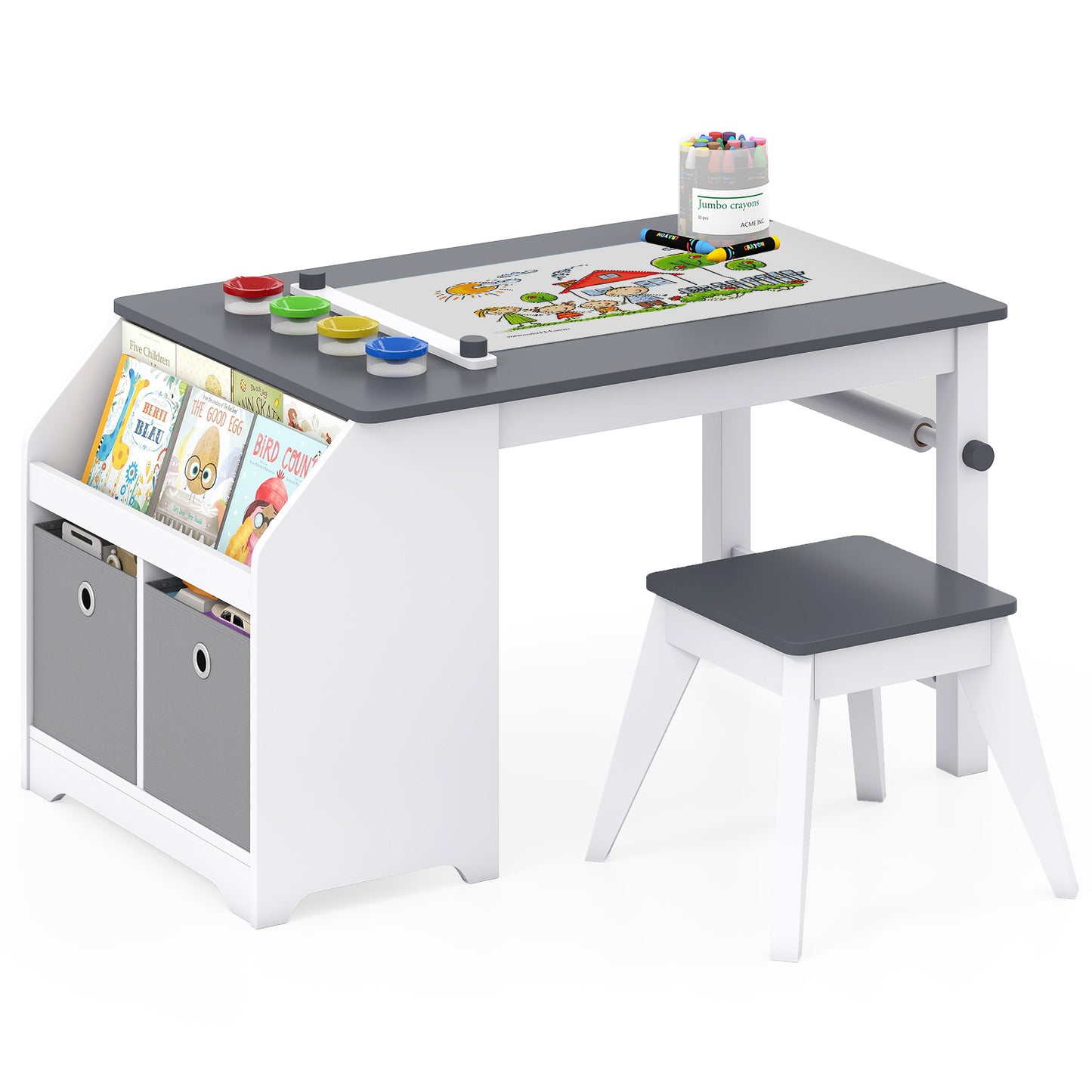 Costway Kinder Tafel & Hockerset Kinderset van Hout met Papierrollenhouder Papierrol & 4 Kleurbekers Grijs