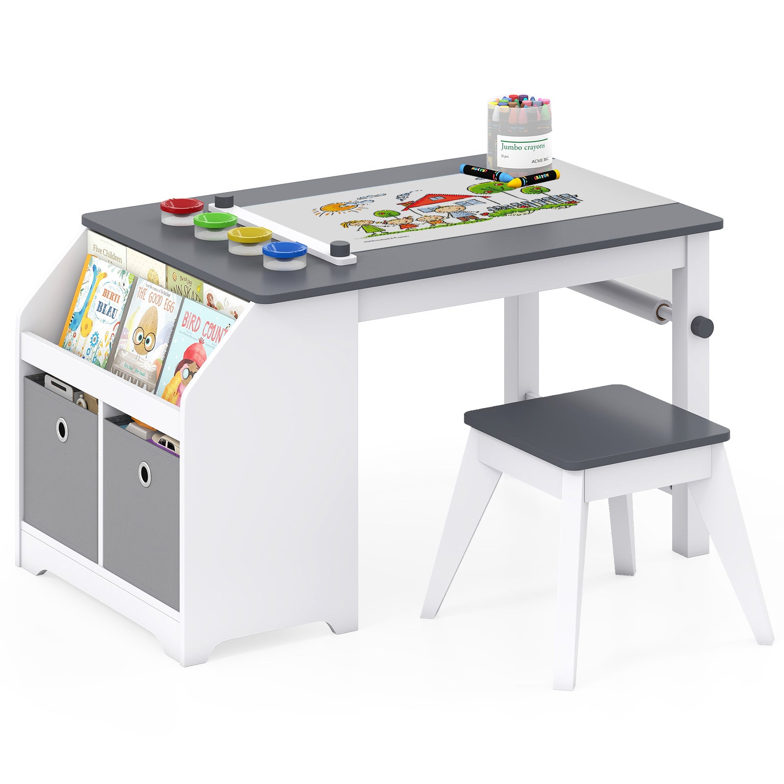 Costway Kinder Tafel & Hockerset Kinderset van Hout met Papierrollenhouder Papierrol & 4 Kleurbekers Grijs
