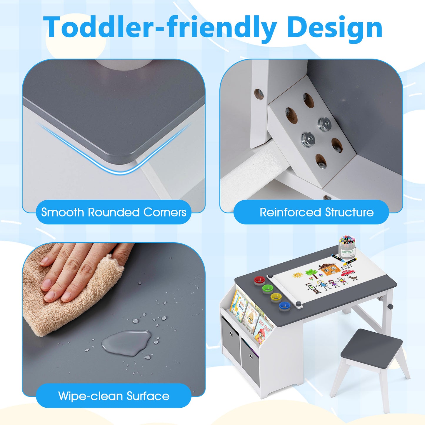 Costway Kinder Tafel & Hockerset Kinderset van Hout met Papierrollenhouder Papierrol & 4 Kleurbekers Grijs