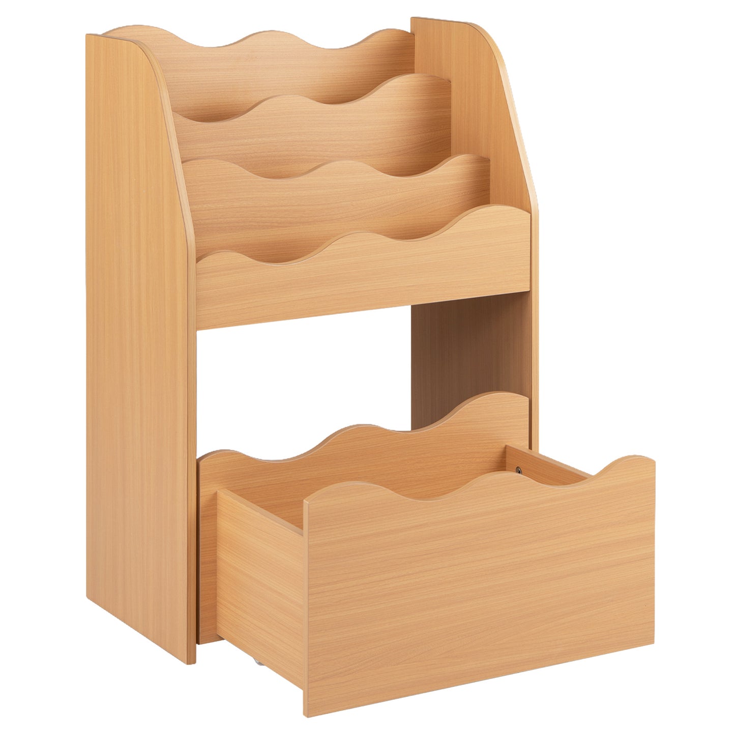 Costway Kinderboekenrek 3-laags Montessori Speelgoedrek van Hout met Rolbare Lade Opbergrek met Golvende Rand Naturel