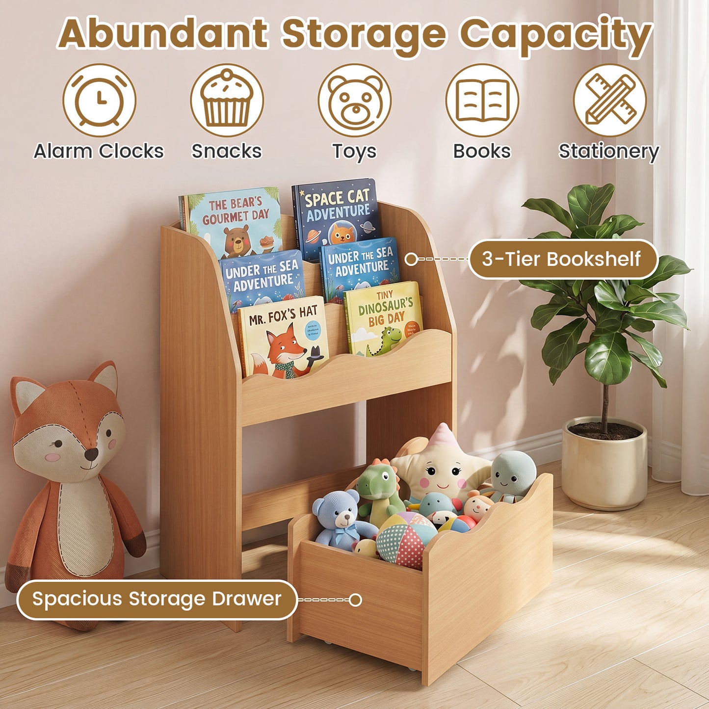 Costway Kinderboekenrek 3-laags Montessori Speelgoedrek van Hout met Rolbare Lade Opbergrek met Golvende Rand Naturel