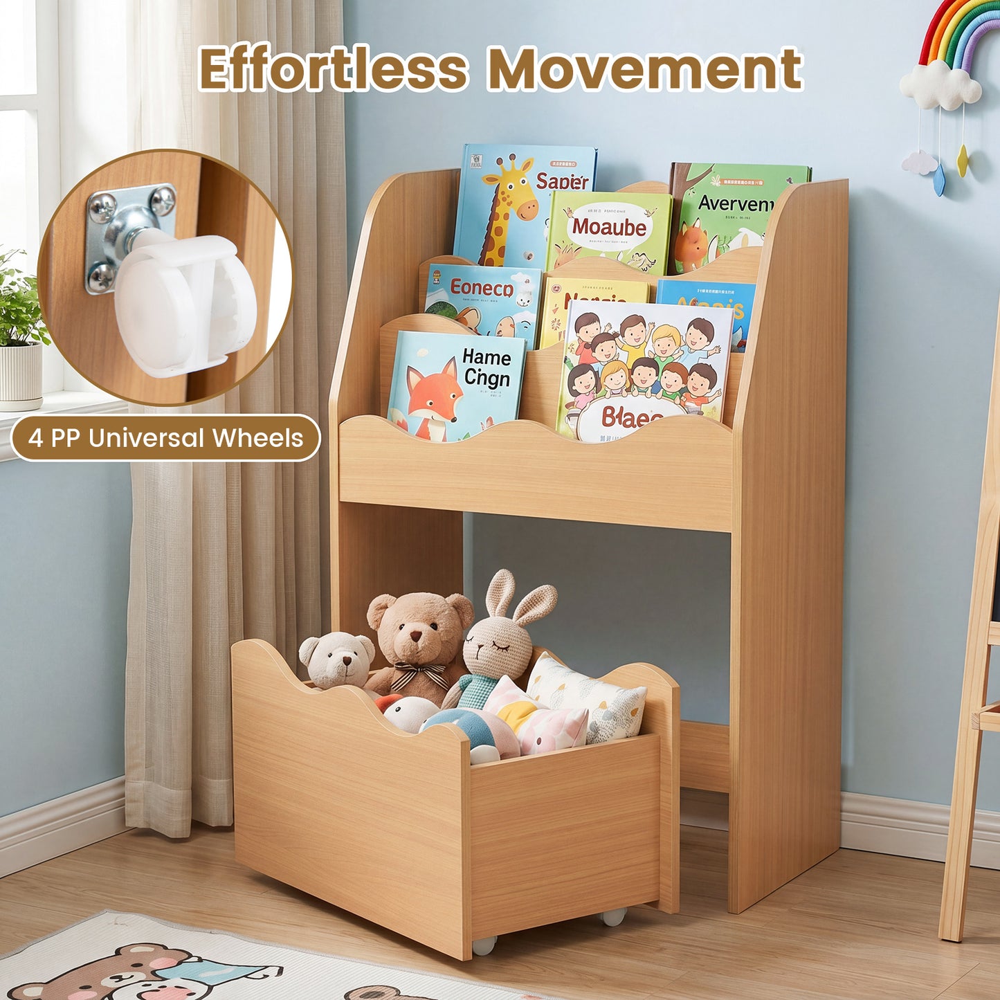 Costway Kinderboekenrek 3-laags Montessori Speelgoedrek van Hout met Rolbare Lade Opbergrek met Golvende Rand Naturel