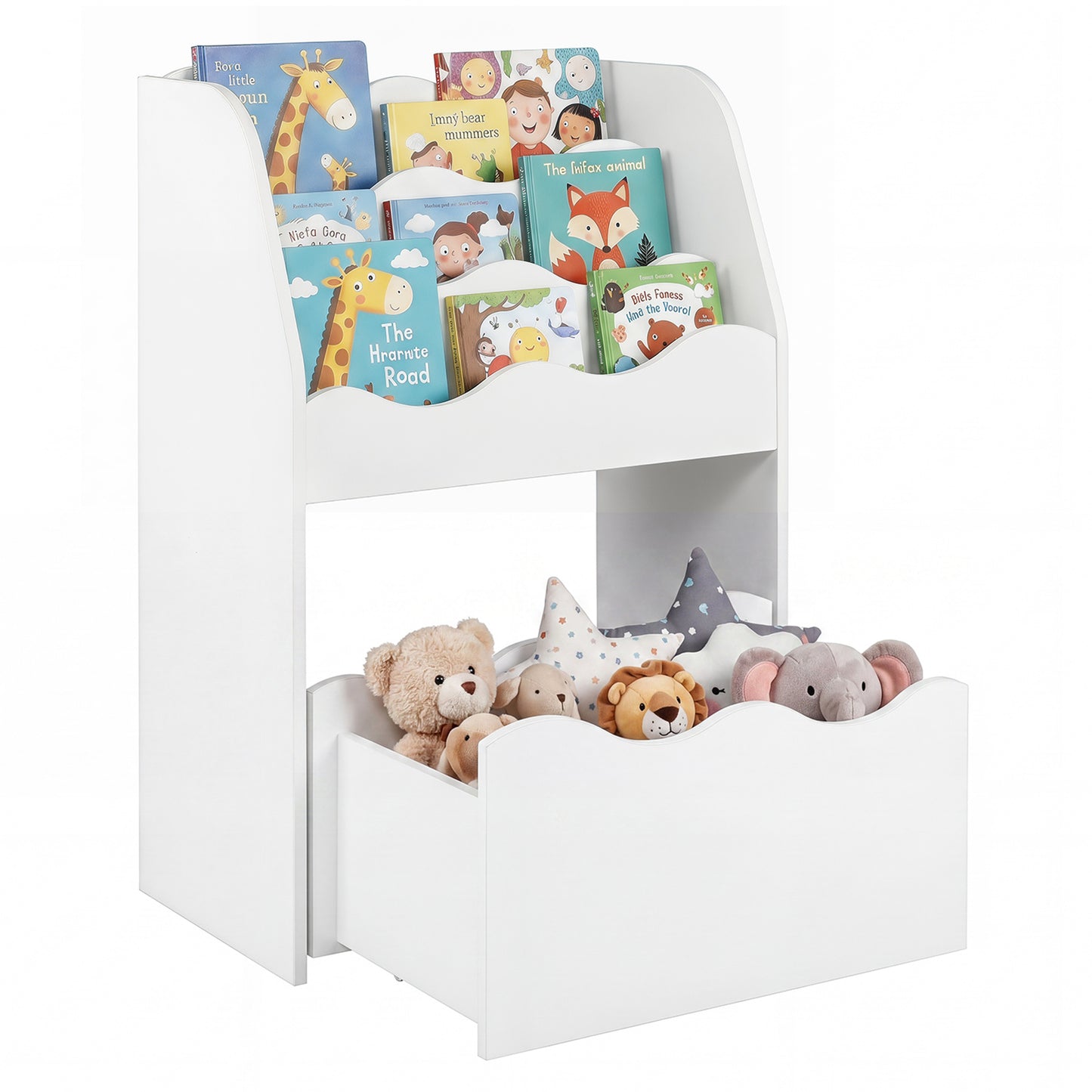 Costway Kinderboekenrek 3-laags Montessori Speelgoedrek van Hout met Rolbare Lade Opbergrek met Golvende Rand Wit
