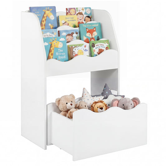 Costway Kinderboekenrek 3-laags Montessori Speelgoedrek van Hout met Rolbare Lade Opbergrek met Golvende Rand Wit