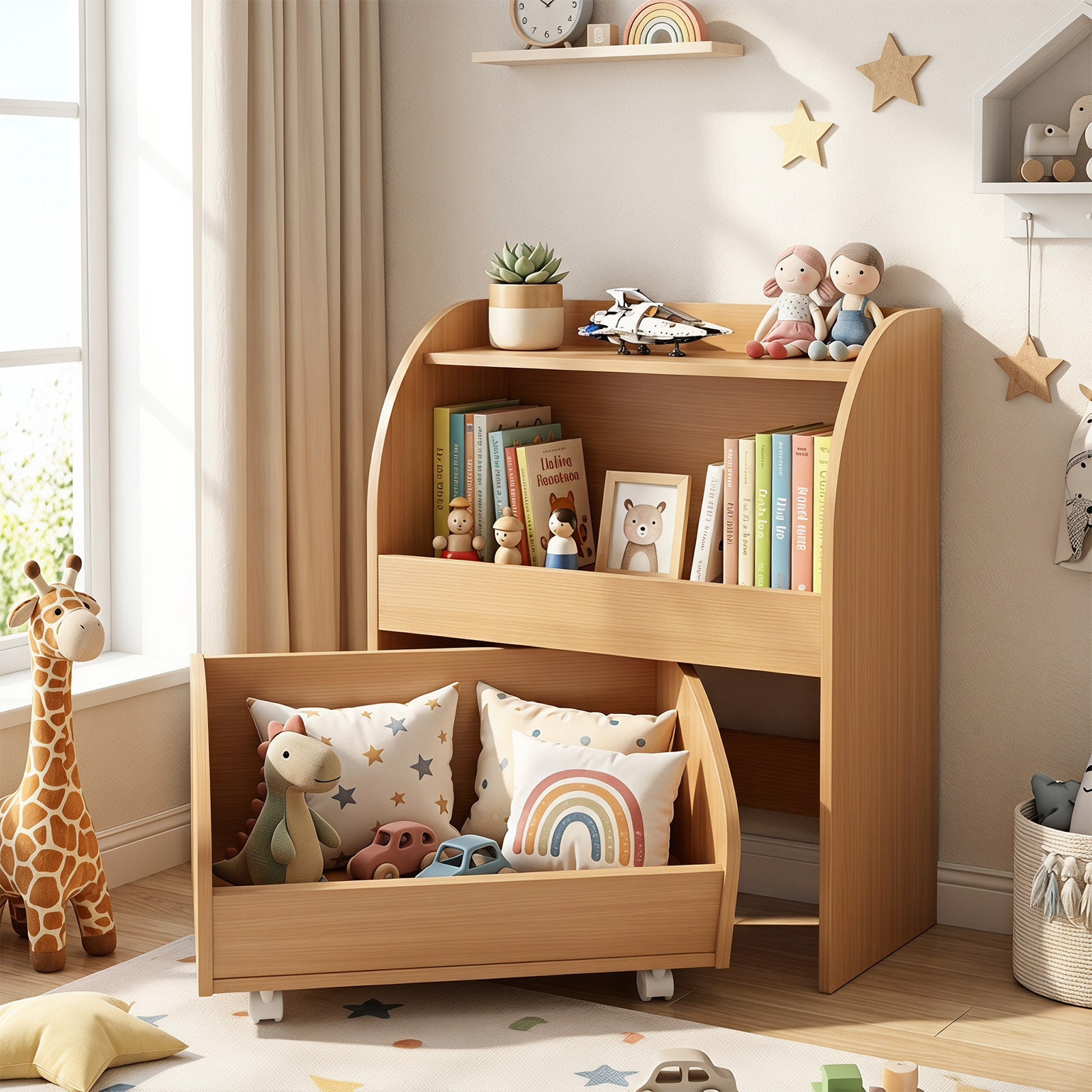 Costway Kinderboekenrek speelgoedrek met rolbare lade Afmetingen 49,5 × 28,5 × 61,5 cm Natuurlijke Houtkleur
