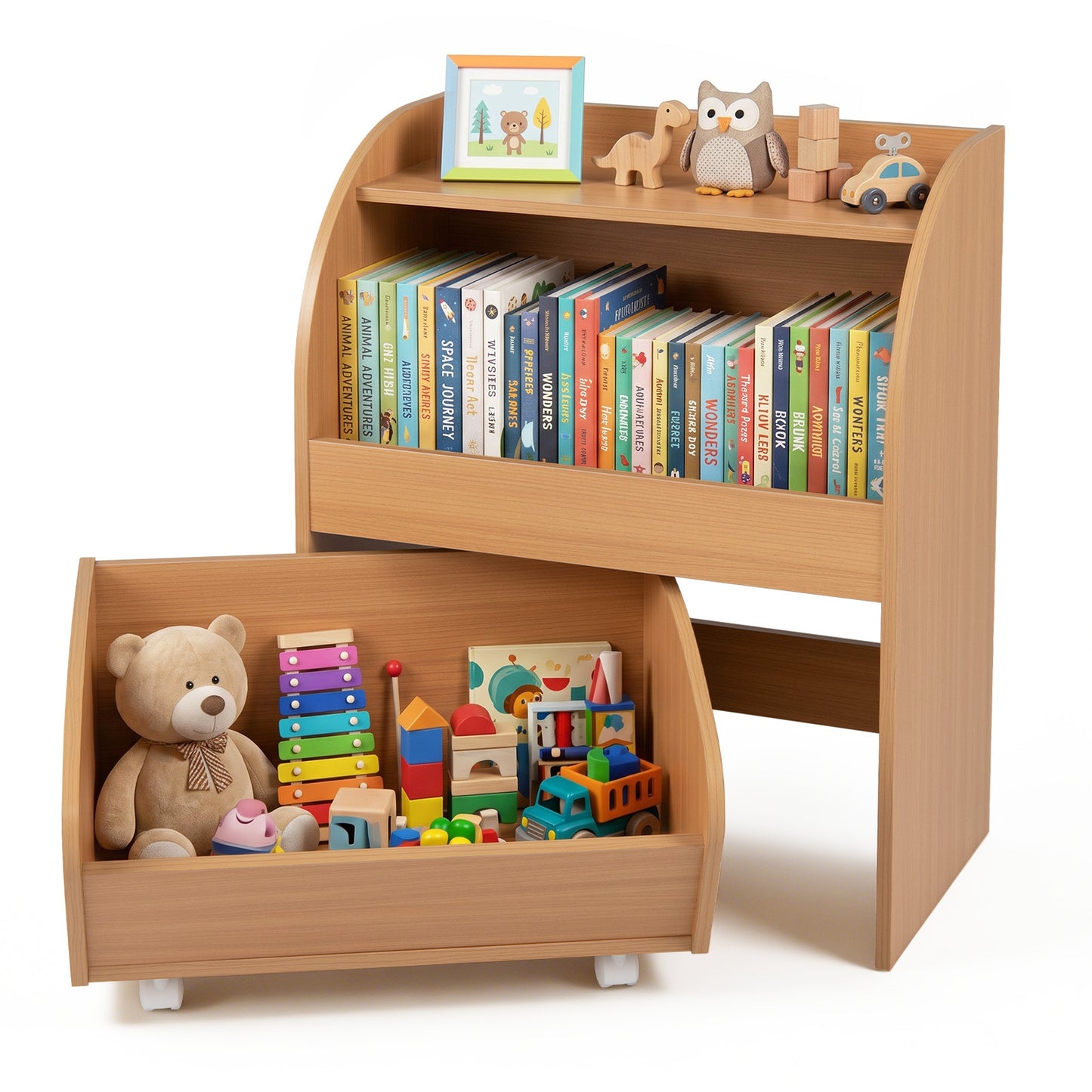 Costway Kinderboekenrek speelgoedrek met rolbare lade Afmetingen 49,5 × 28,5 × 61,5 cm Natuurlijke Houtkleur