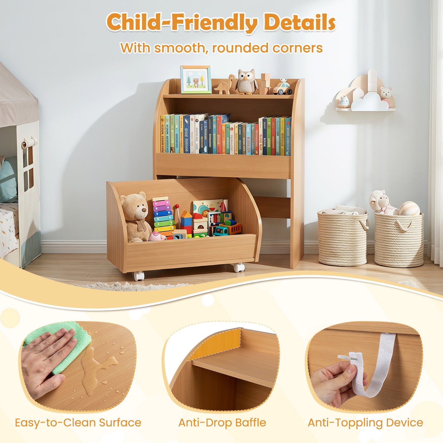 Costway Kinderboekenrek speelgoedrek met rolbare lade Afmetingen 49,5 × 28,5 × 61,5 cm Natuurlijke Houtkleur