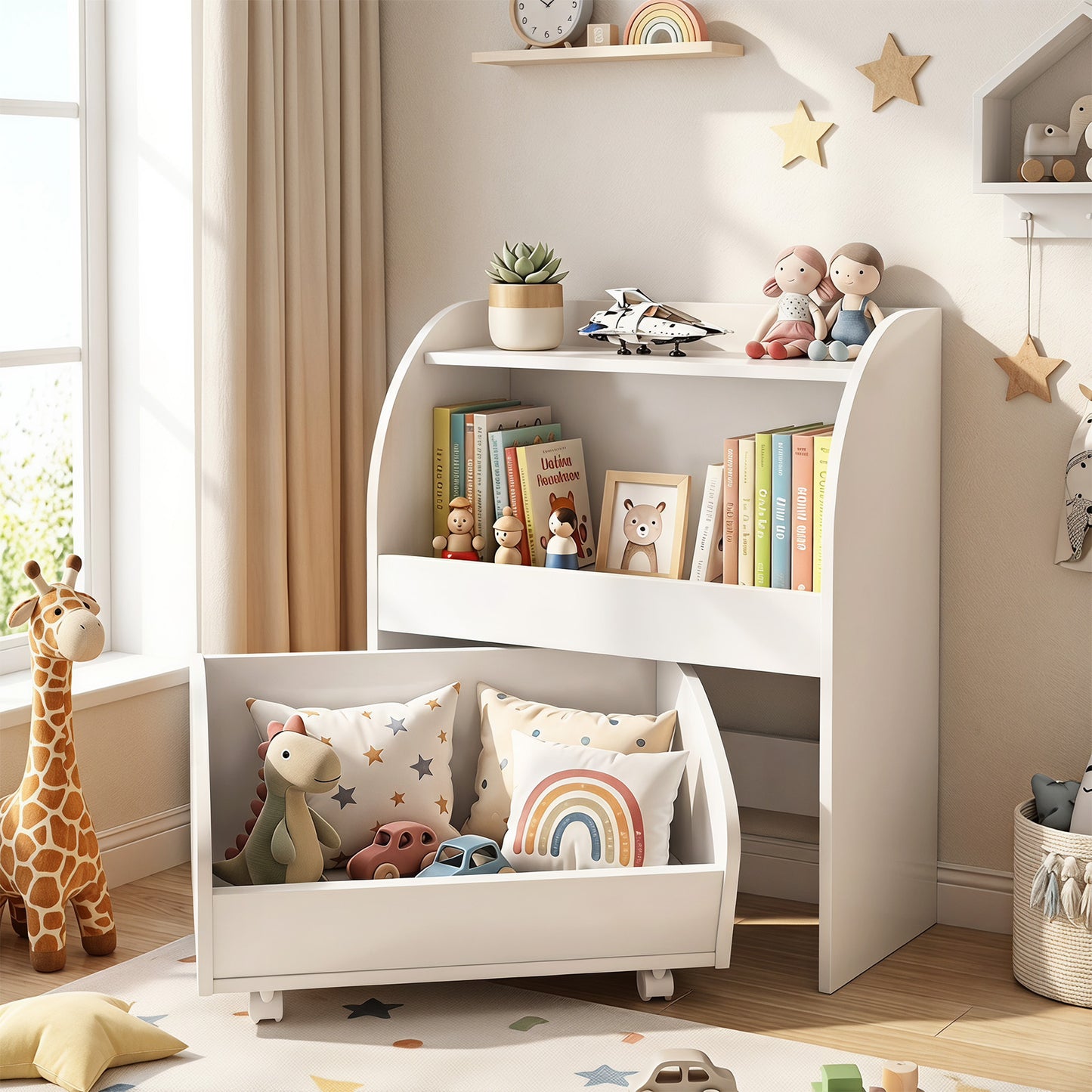 Costway Kinderboekenrek Speelgoedrek met Rolbare Lade Wit 49,5 × 28,5 × 61,5 cm