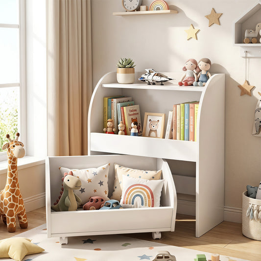 Costway Kinderboekenrek Speelgoedrek met Rolbare Lade Wit 49,5 × 28,5 × 61,5 cm
