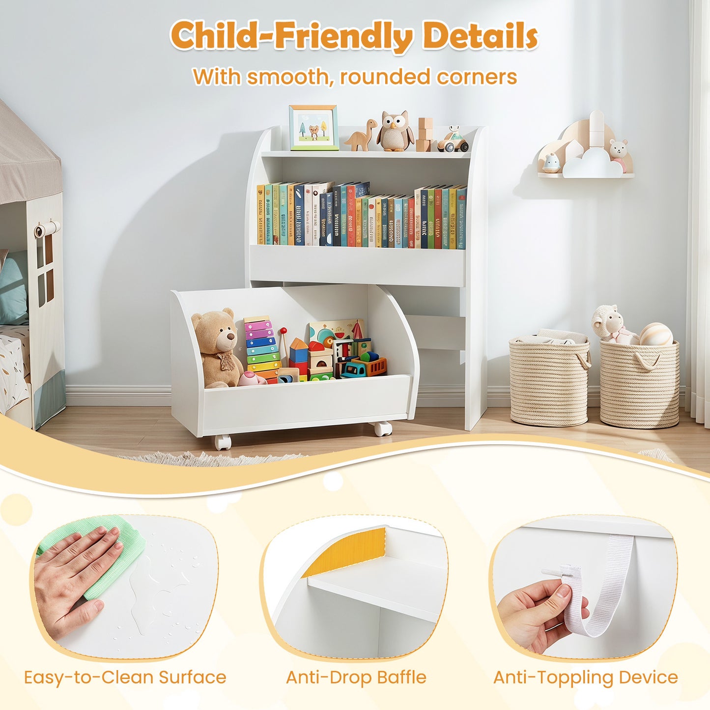 Costway Kinderboekenrek Speelgoedrek met Rolbare Lade Wit 49,5 × 28,5 × 61,5 cm