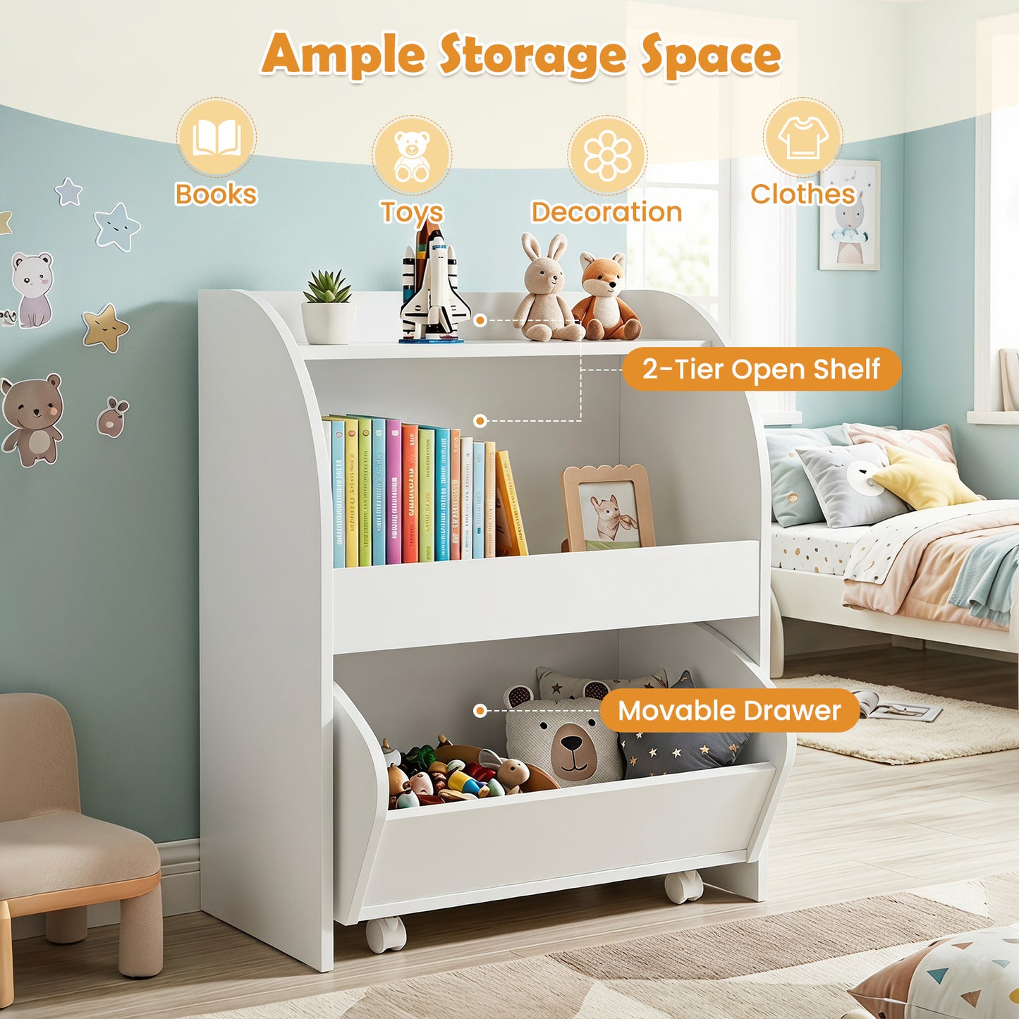 Costway Kinderboekenrek Speelgoedrek met Rolbare Lade Wit 49,5 × 28,5 × 61,5 cm