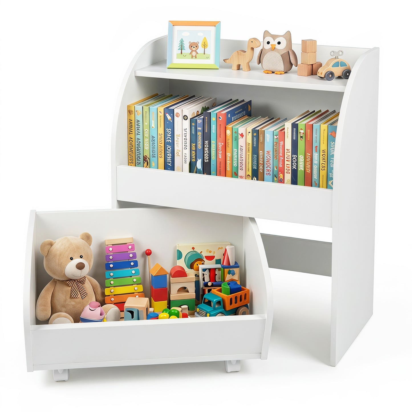 Costway Kinderboekenrek Speelgoedrek met Rolbare Lade Wit 49,5 × 28,5 × 61,5 cm