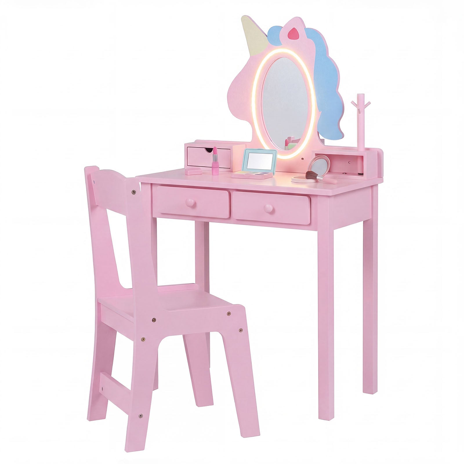 Costway Kinderen Make-uptafel 2-in-1 Eenhoorn-kaptafel met Afneembare Spiegel en 2 Lichtkleuren Roze
