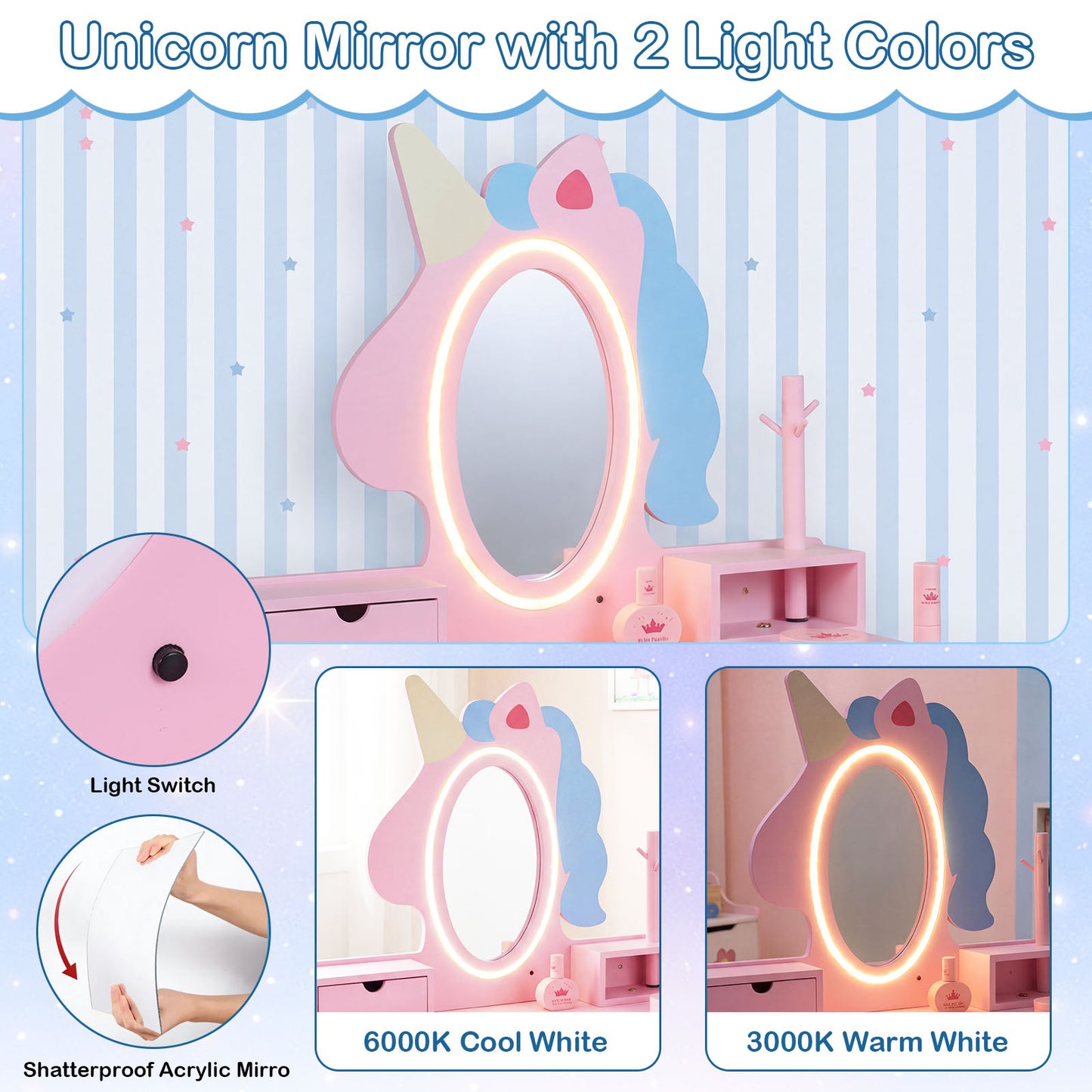 Costway Kinderen Make-uptafel 2-in-1 Eenhoorn-kaptafel met Afneembare Spiegel en 2 Lichtkleuren Roze