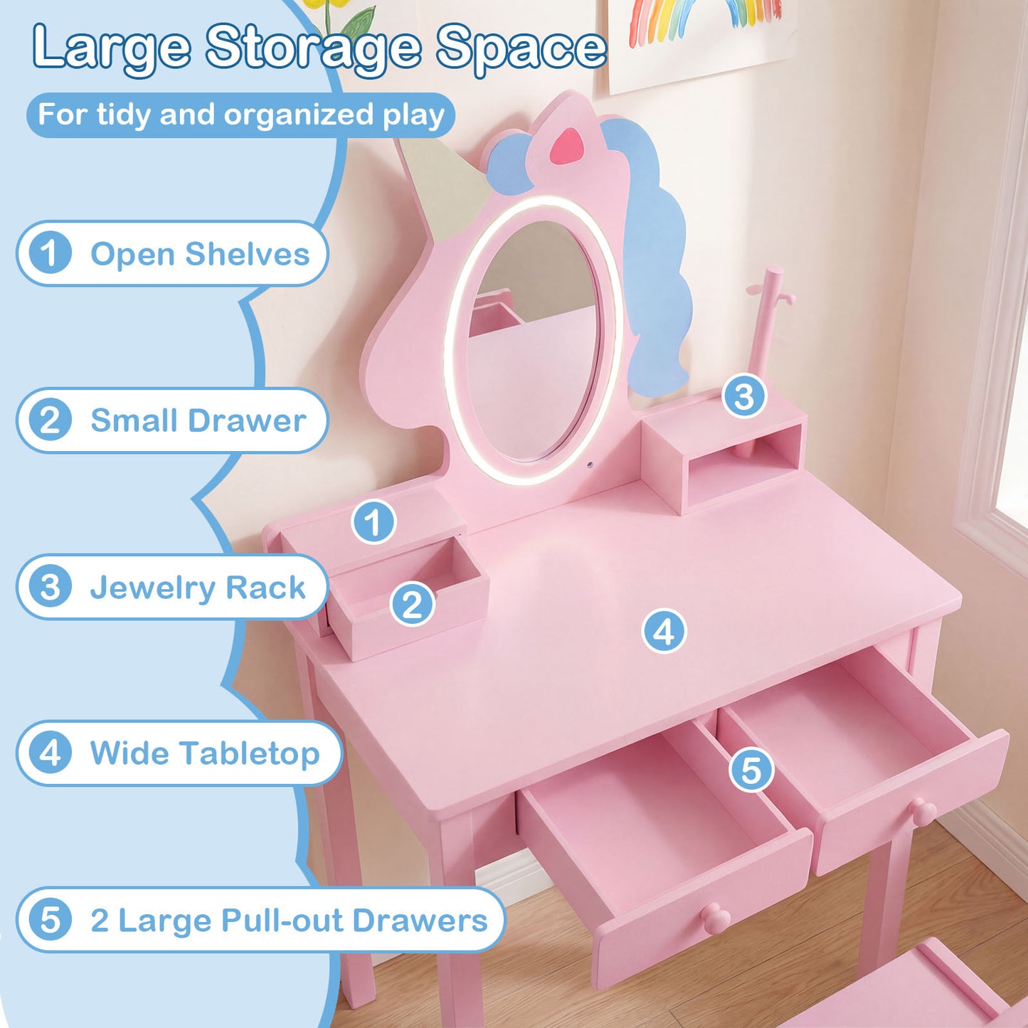 Costway Kinderen Make-uptafel 2-in-1 Eenhoorn-kaptafel met Afneembare Spiegel en 2 Lichtkleuren Roze