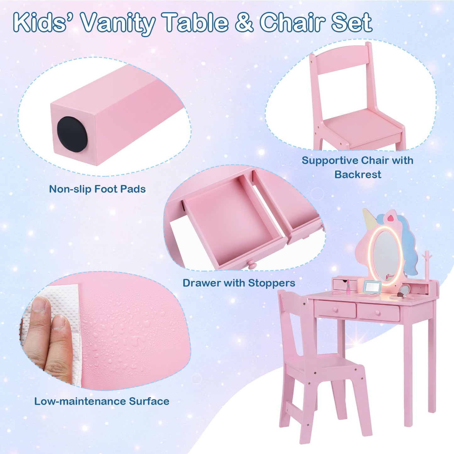 Costway Kinderen Make-uptafel 2-in-1 Eenhoorn-kaptafel met Afneembare Spiegel en 2 Lichtkleuren Roze