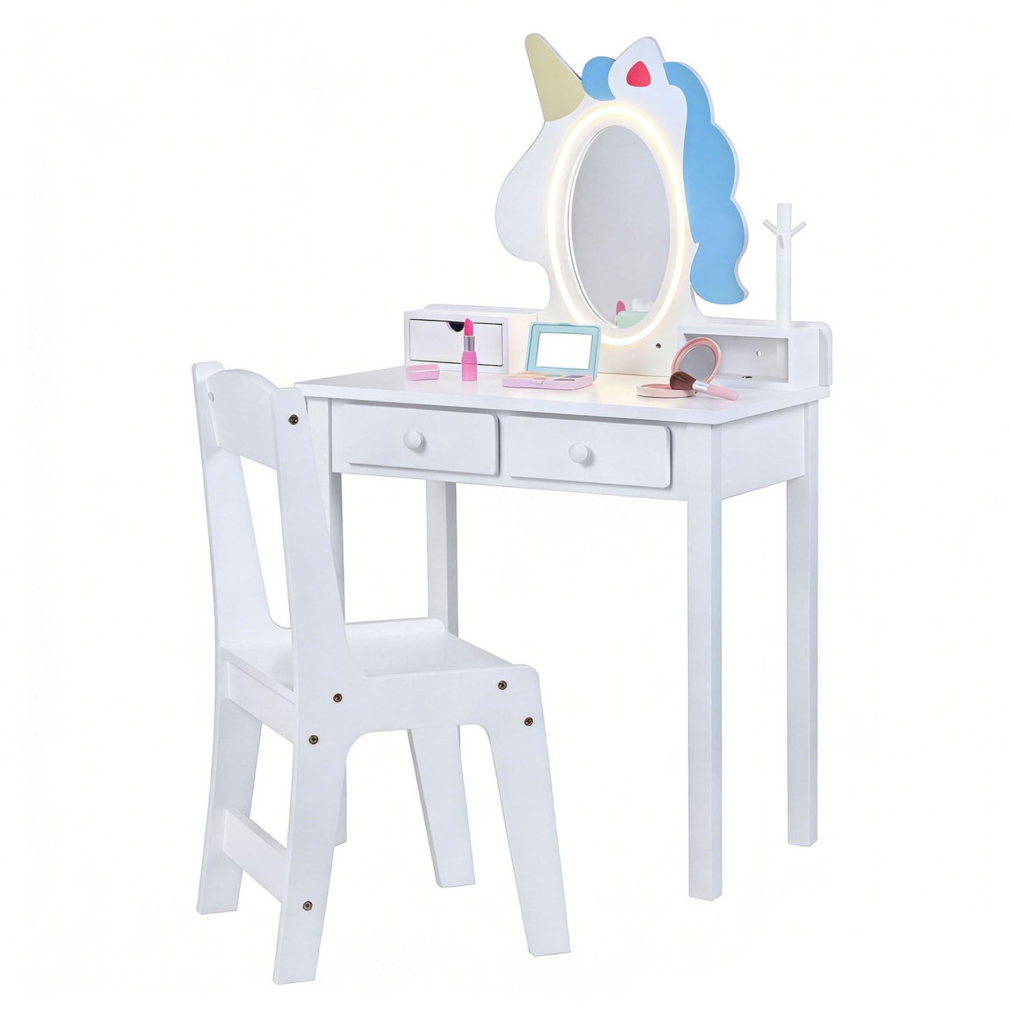 Costway Kinderen Make-uptafel 2-in-1 Eenhoorn-kaptafel met Afneembare Spiegel en 2 Lichtkleuren Wit