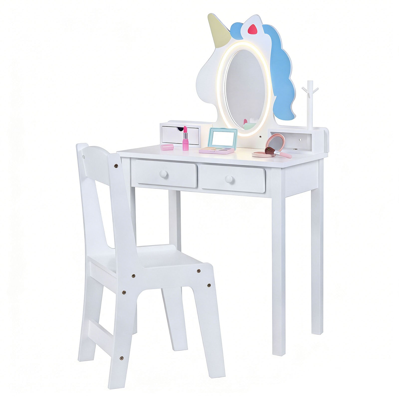 Costway Kinderen Make-uptafel 2-in-1 Eenhoorn-kaptafel met Afneembare Spiegel en 2 Lichtkleuren Wit