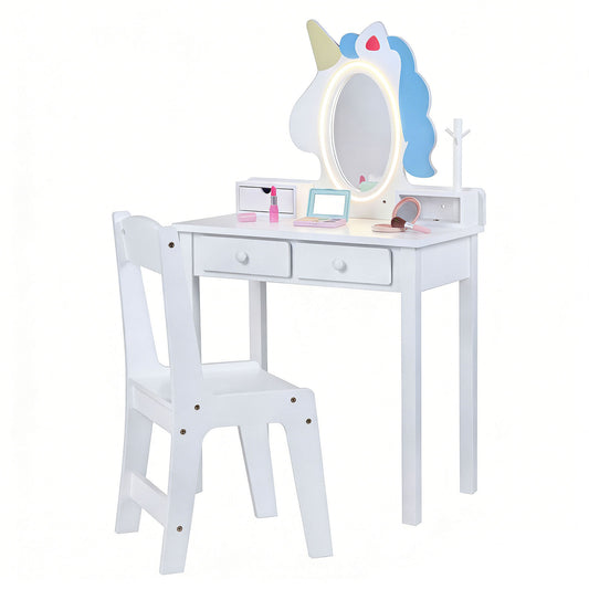 Costway Kinderen Make-uptafel 2-in-1 Eenhoorn-kaptafel met Afneembare Spiegel en 2 Lichtkleuren Wit