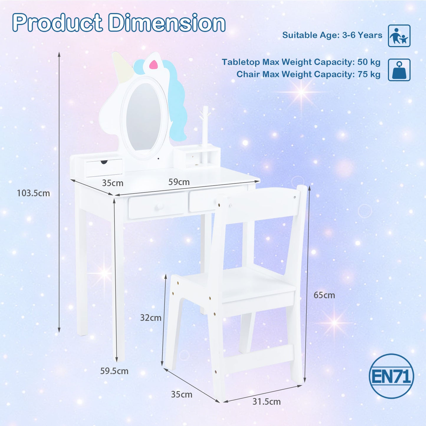Costway Kinderen Make-uptafel 2-in-1 Eenhoorn-kaptafel met Afneembare Spiegel en 2 Lichtkleuren Wit