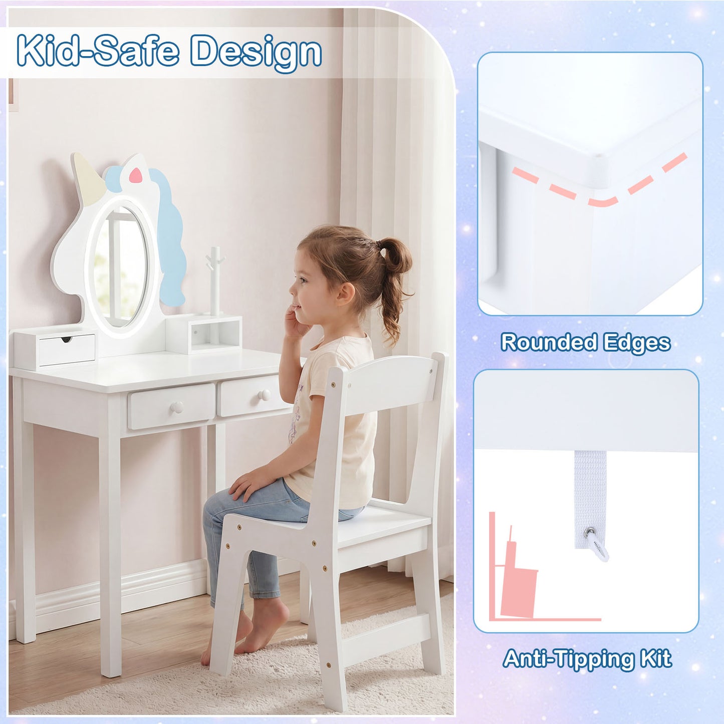 Costway Kinderen Make-uptafel 2-in-1 Eenhoorn-kaptafel met Afneembare Spiegel en 2 Lichtkleuren Wit
