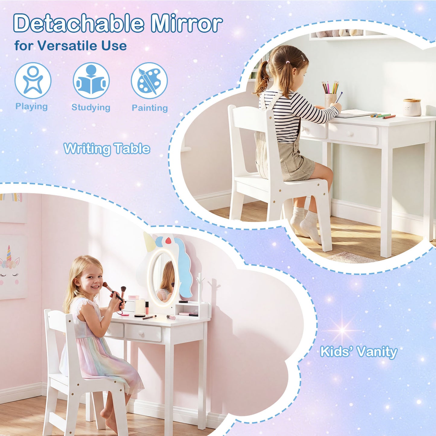 Costway Kinderen Make-uptafel 2-in-1 Eenhoorn-kaptafel met Afneembare Spiegel en 2 Lichtkleuren Wit