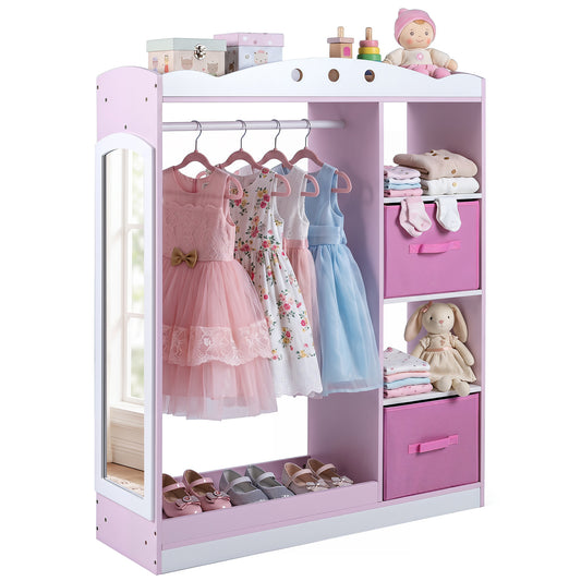 Costway Kindergarderobe met Spiegel Kinder Kledingkast van Hout met Open Planken Kledingstang en Opvouwbare Stoffen Lades Roze
