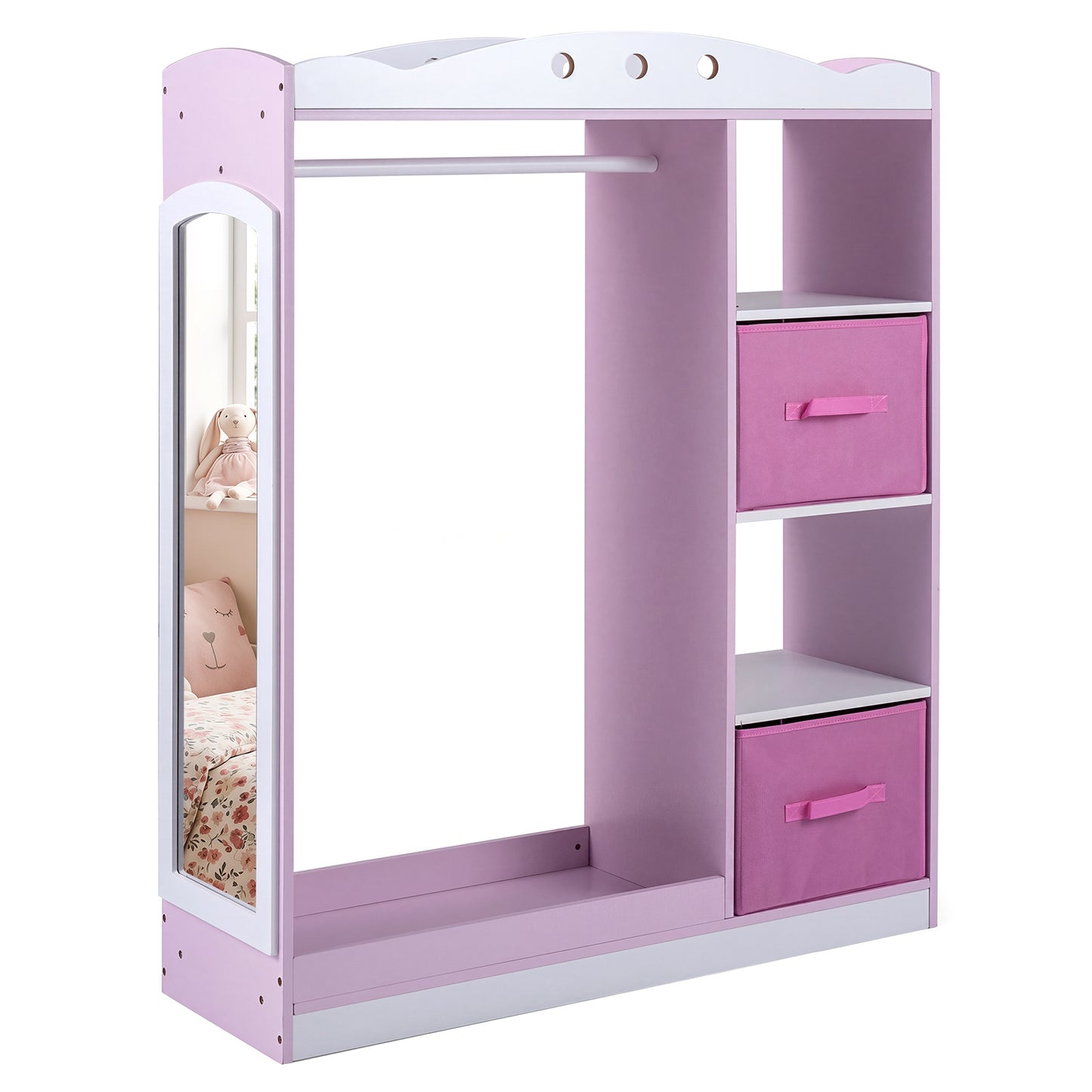 Costway Kindergarderobe met Spiegel Kinder Kledingkast van Hout met Open Planken Kledingstang en Opvouwbare Stoffen Lades Roze