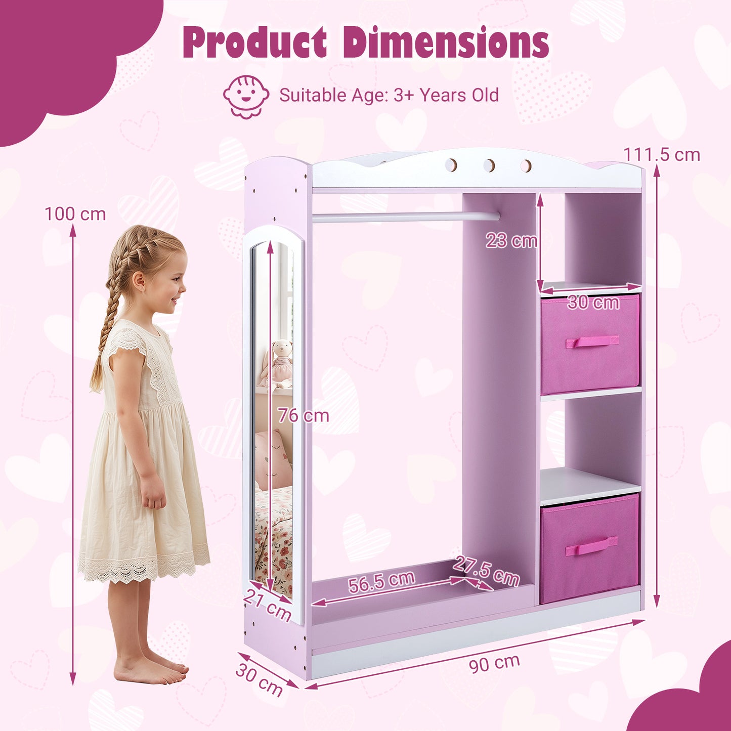 Costway Kindergarderobe met Spiegel Kinder Kledingkast van Hout met Open Planken Kledingstang en Opvouwbare Stoffen Lades Roze