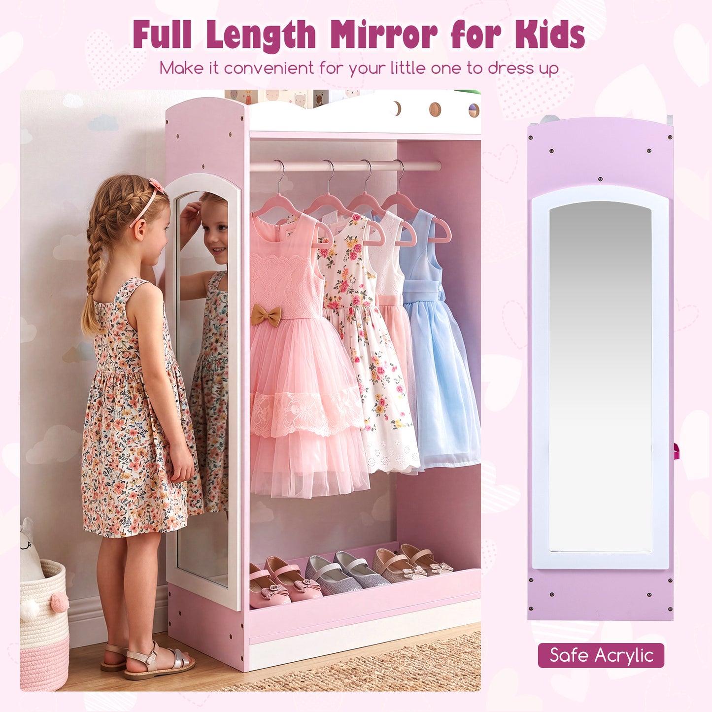 Costway Kindergarderobe met Spiegel Kinder Kledingkast van Hout met Open Planken Kledingstang en Opvouwbare Stoffen Lades Roze